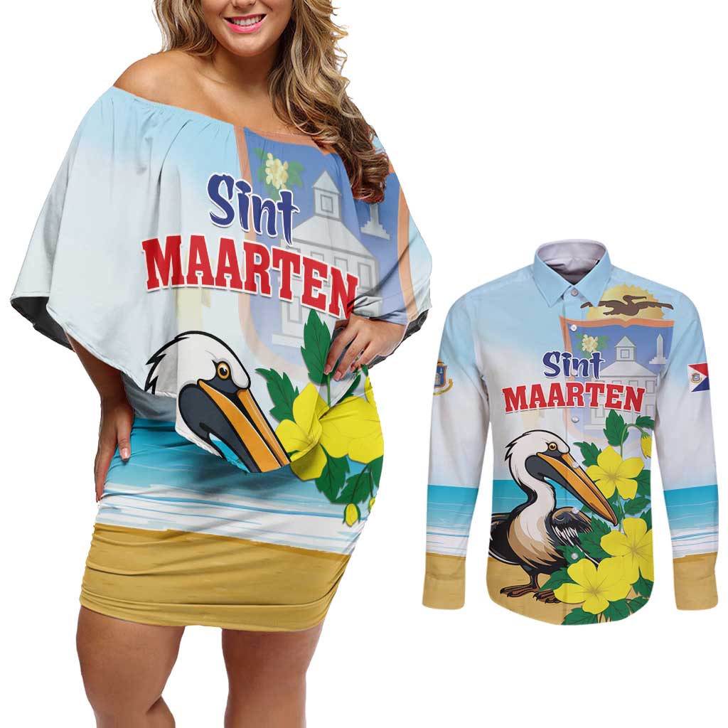 Personalized Sint Maarten Couples Matching Off Shoulder Short Dress and Long Sleeve Button Shirt Brown Pelican With Yellow Sage
