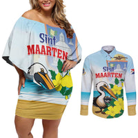 Personalized Sint Maarten Couples Matching Off Shoulder Short Dress and Long Sleeve Button Shirt Brown Pelican With Yellow Sage