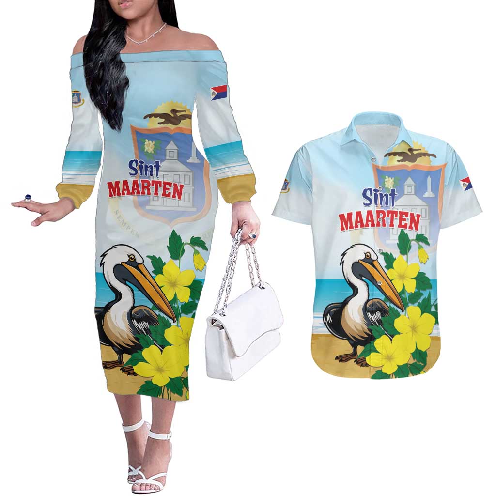 Personalized Sint Maarten Couples Matching Off The Shoulder Long Sleeve Dress and Hawaiian Shirt Brown Pelican With Yellow Sage