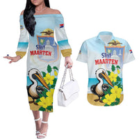 Personalized Sint Maarten Couples Matching Off The Shoulder Long Sleeve Dress and Hawaiian Shirt Brown Pelican With Yellow Sage