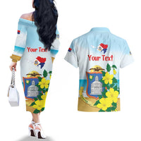 Personalized Sint Maarten Couples Matching Off The Shoulder Long Sleeve Dress and Hawaiian Shirt Brown Pelican With Yellow Sage