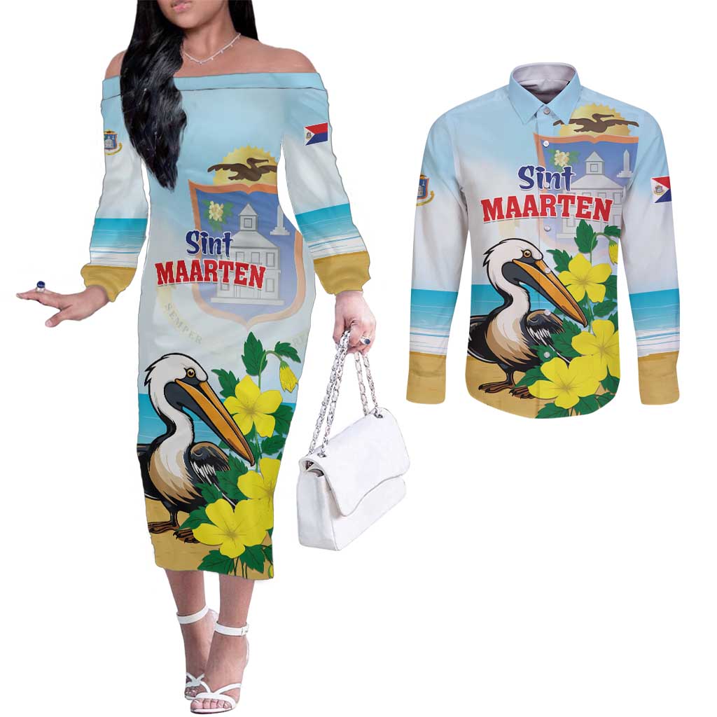 Personalized Sint Maarten Couples Matching Off The Shoulder Long Sleeve Dress and Long Sleeve Button Shirt Brown Pelican With Yellow Sage