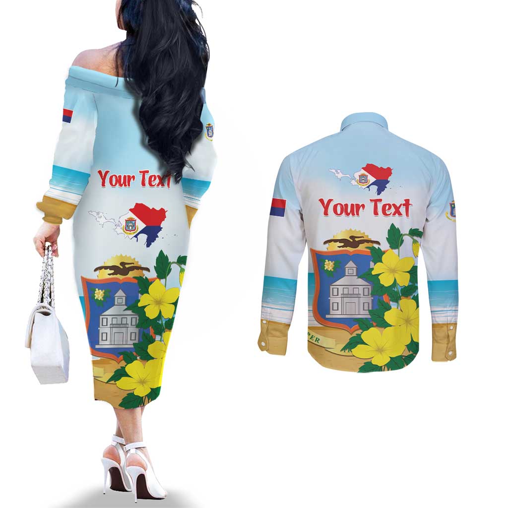 Personalized Sint Maarten Couples Matching Off The Shoulder Long Sleeve Dress and Long Sleeve Button Shirt Brown Pelican With Yellow Sage