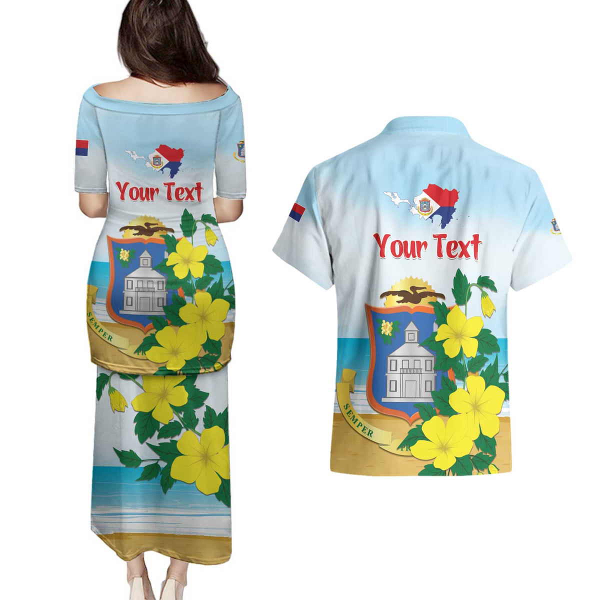 Personalized Sint Maarten Couples Matching Puletasi and Hawaiian Shirt Brown Pelican With Yellow Sage