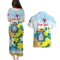 Personalized Sint Maarten Couples Matching Puletasi and Hawaiian Shirt Brown Pelican With Yellow Sage