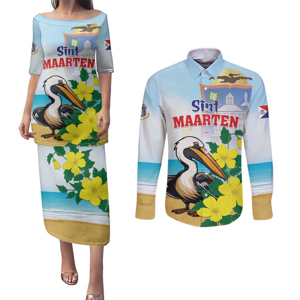 Personalized Sint Maarten Couples Matching Puletasi and Long Sleeve Button Shirt Brown Pelican With Yellow Sage