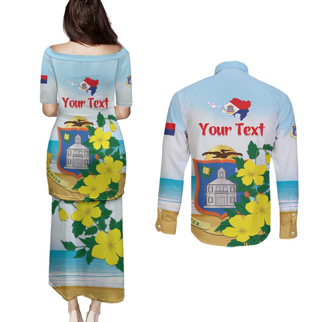 Personalized Sint Maarten Couples Matching Puletasi and Long Sleeve Button Shirt Brown Pelican With Yellow Sage