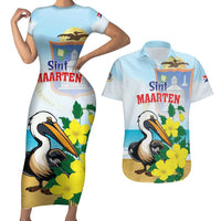 Personalized Sint Maarten Couples Matching Short Sleeve Bodycon Dress and Hawaiian Shirt Brown Pelican With Yellow Sage