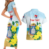 Personalized Sint Maarten Couples Matching Short Sleeve Bodycon Dress and Hawaiian Shirt Brown Pelican With Yellow Sage