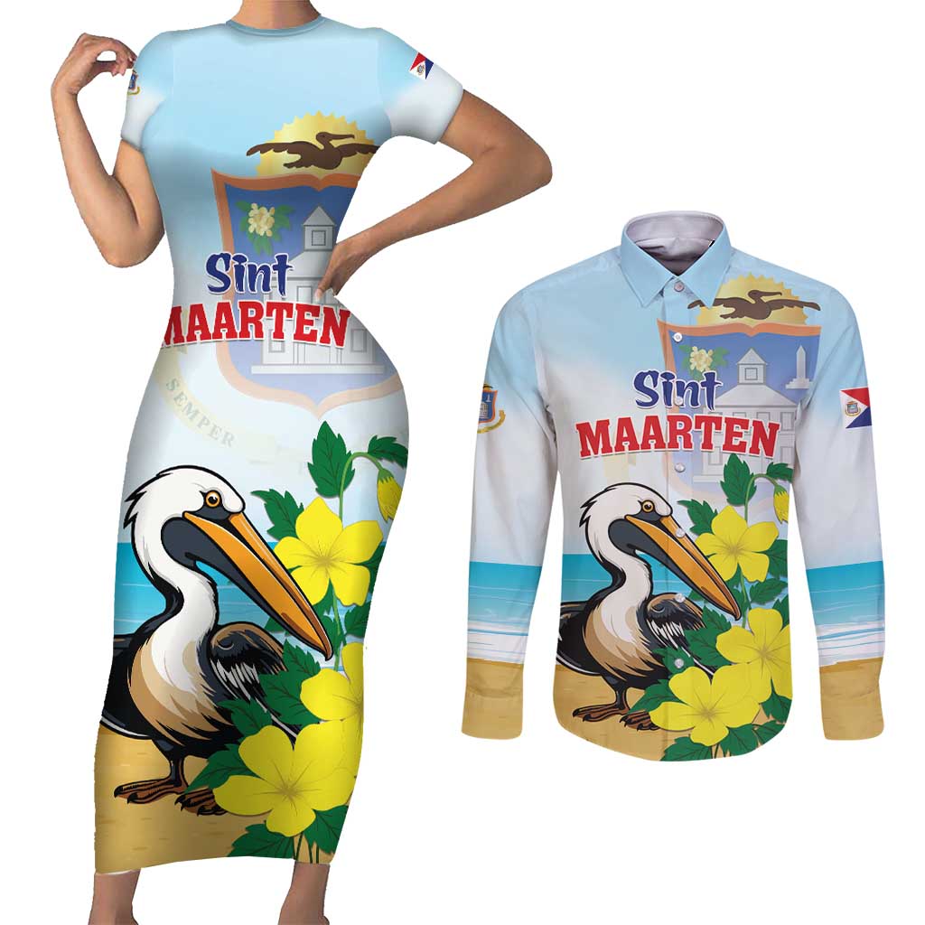 Personalized Sint Maarten Couples Matching Short Sleeve Bodycon Dress and Long Sleeve Button Shirt Brown Pelican With Yellow Sage