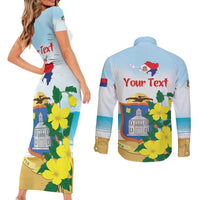 Personalized Sint Maarten Couples Matching Short Sleeve Bodycon Dress and Long Sleeve Button Shirt Brown Pelican With Yellow Sage