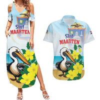 Personalized Sint Maarten Couples Matching Summer Maxi Dress and Hawaiian Shirt Brown Pelican With Yellow Sage