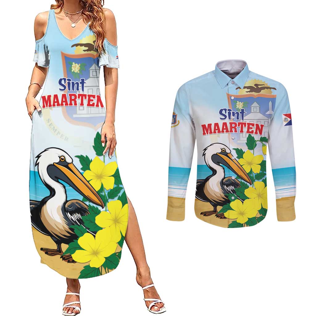 Personalized Sint Maarten Couples Matching Summer Maxi Dress and Long Sleeve Button Shirt Brown Pelican With Yellow Sage