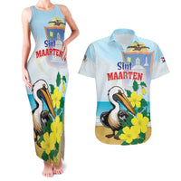 Personalized Sint Maarten Couples Matching Tank Maxi Dress and Hawaiian Shirt Brown Pelican With Yellow Sage