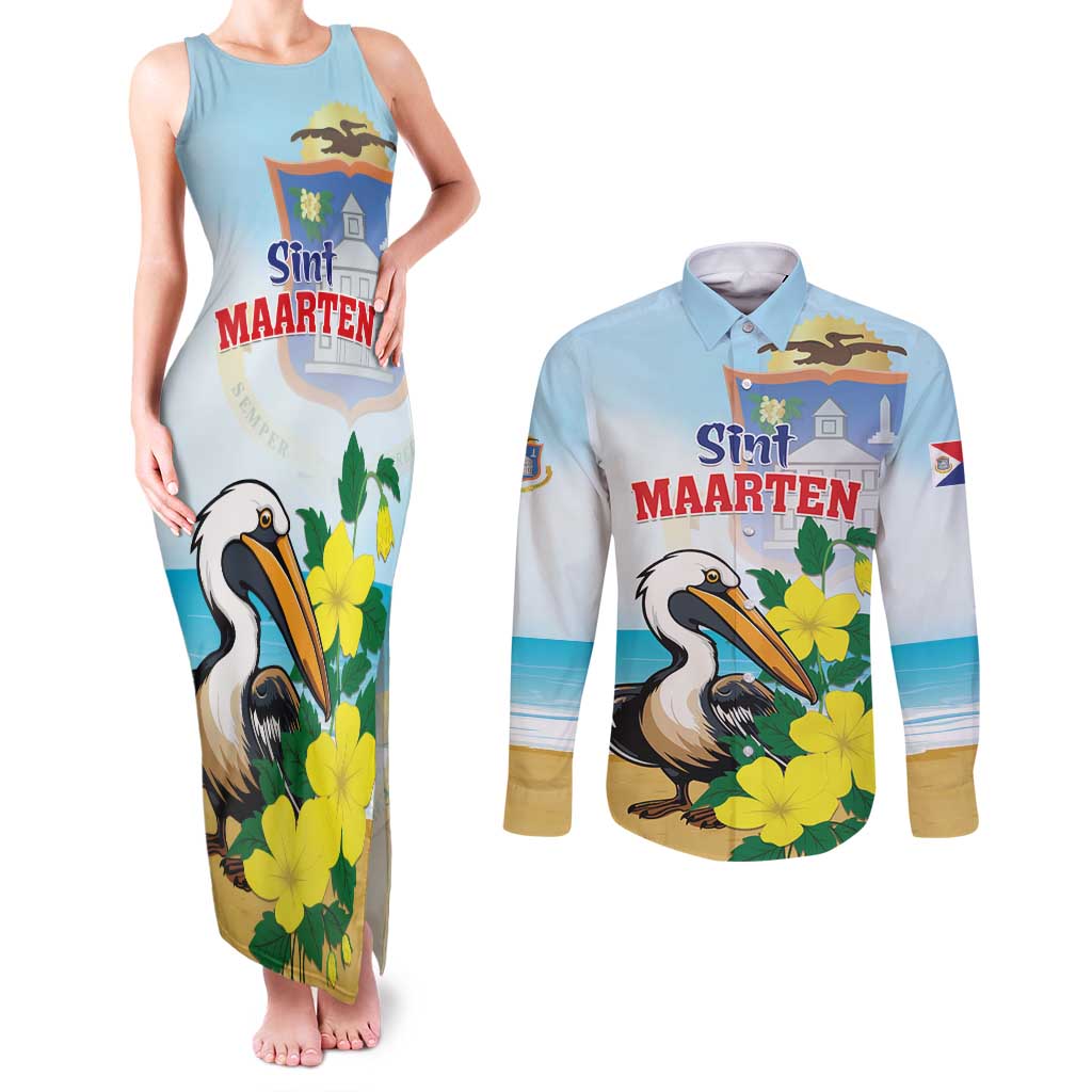 Personalized Sint Maarten Couples Matching Tank Maxi Dress and Long Sleeve Button Shirt Brown Pelican With Yellow Sage