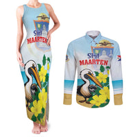 Personalized Sint Maarten Couples Matching Tank Maxi Dress and Long Sleeve Button Shirt Brown Pelican With Yellow Sage