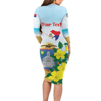 Personalized Sint Maarten Family Matching Long Sleeve Bodycon Dress and Hawaiian Shirt Brown Pelican With Yellow Sage - Wonder Print Shop