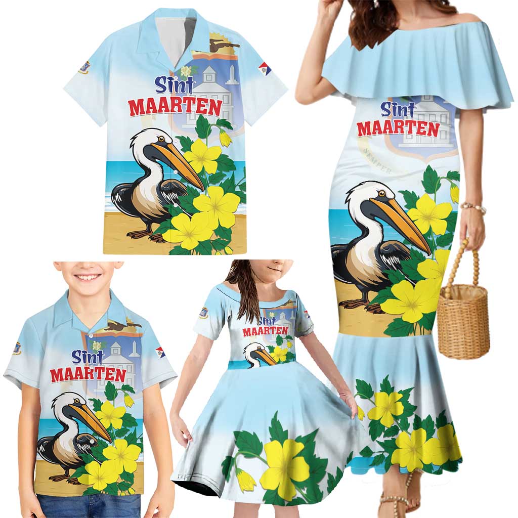 Personalized Sint Maarten Family Matching Mermaid Dress and Hawaiian Shirt Brown Pelican With Yellow Sage - Wonder Print Shop