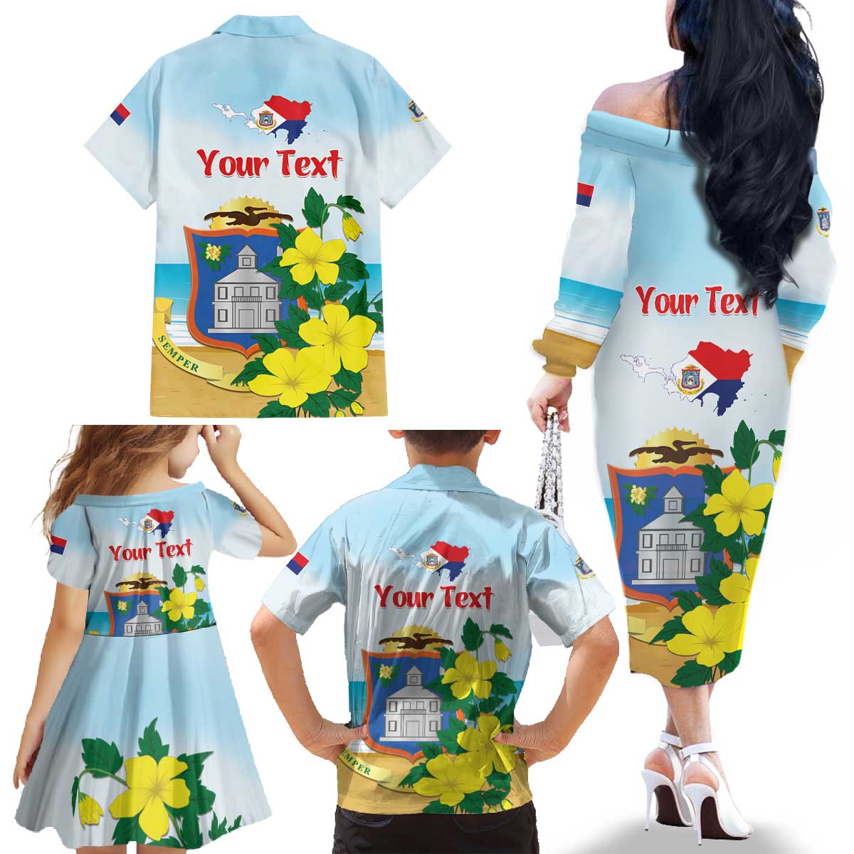 Personalized Sint Maarten Family Matching Off The Shoulder Long Sleeve Dress and Hawaiian Shirt Brown Pelican With Yellow Sage