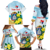 Personalized Sint Maarten Family Matching Off The Shoulder Long Sleeve Dress and Hawaiian Shirt Brown Pelican With Yellow Sage