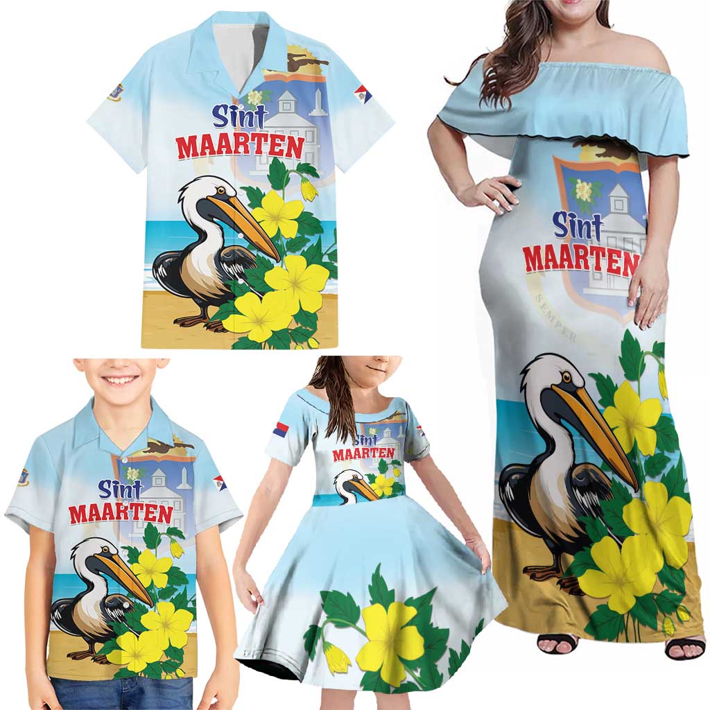 Personalized Sint Maarten Family Matching Off Shoulder Maxi Dress and Hawaiian Shirt Brown Pelican With Yellow Sage - Wonder Print Shop