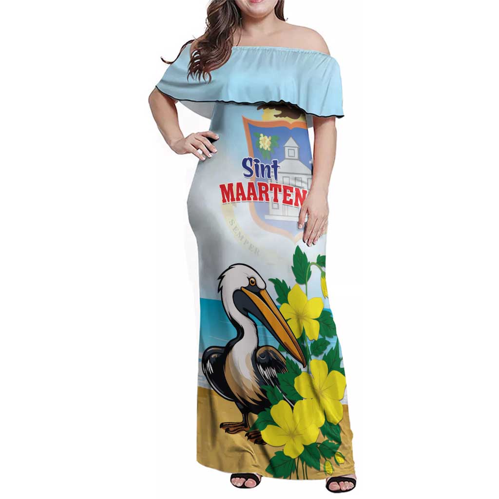 Personalized Sint Maarten Family Matching Off Shoulder Maxi Dress and Hawaiian Shirt Brown Pelican With Yellow Sage - Wonder Print Shop