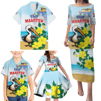 Personalized Sint Maarten Family Matching Puletasi and Hawaiian Shirt Brown Pelican With Yellow Sage