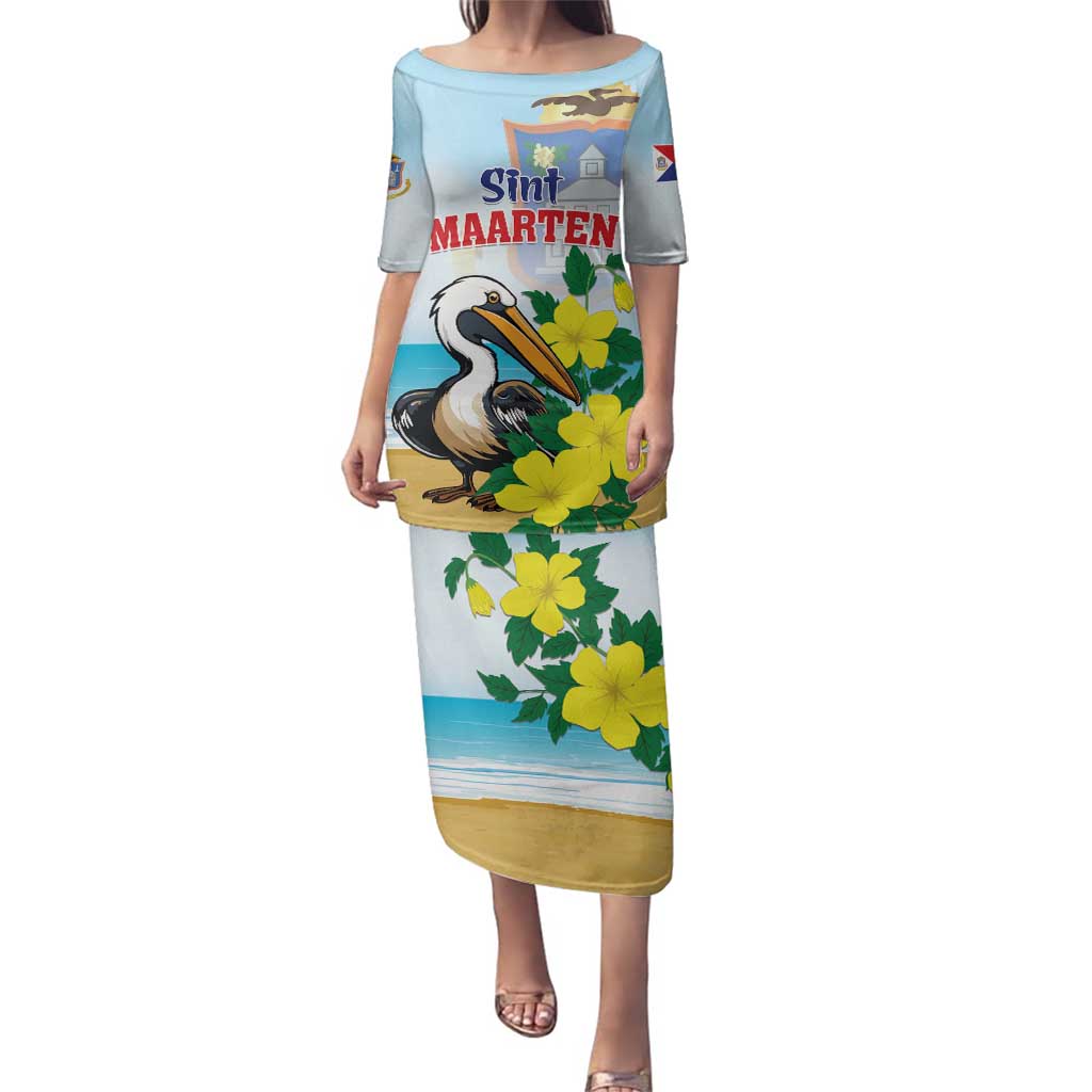 Personalized Sint Maarten Family Matching Puletasi and Hawaiian Shirt Brown Pelican With Yellow Sage