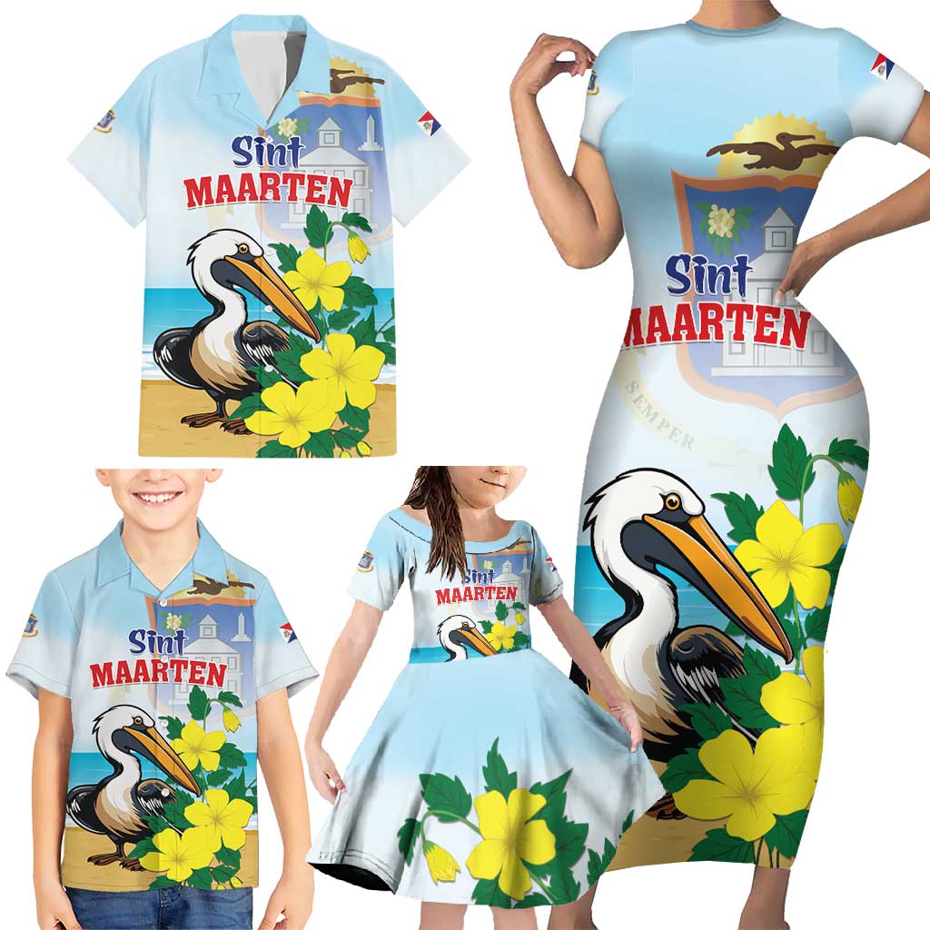 Personalized Sint Maarten Family Matching Short Sleeve Bodycon Dress and Hawaiian Shirt Brown Pelican With Yellow Sage - Wonder Print Shop