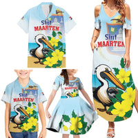 Personalized Sint Maarten Family Matching Summer Maxi Dress and Hawaiian Shirt Brown Pelican With Yellow Sage - Wonder Print Shop