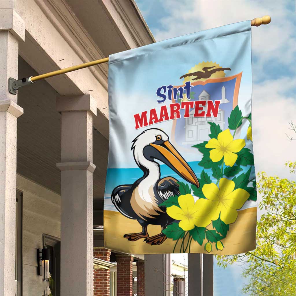Sint Maarten Garden Flag Brown Pelican With Yellow Sage - Wonder Print Shop