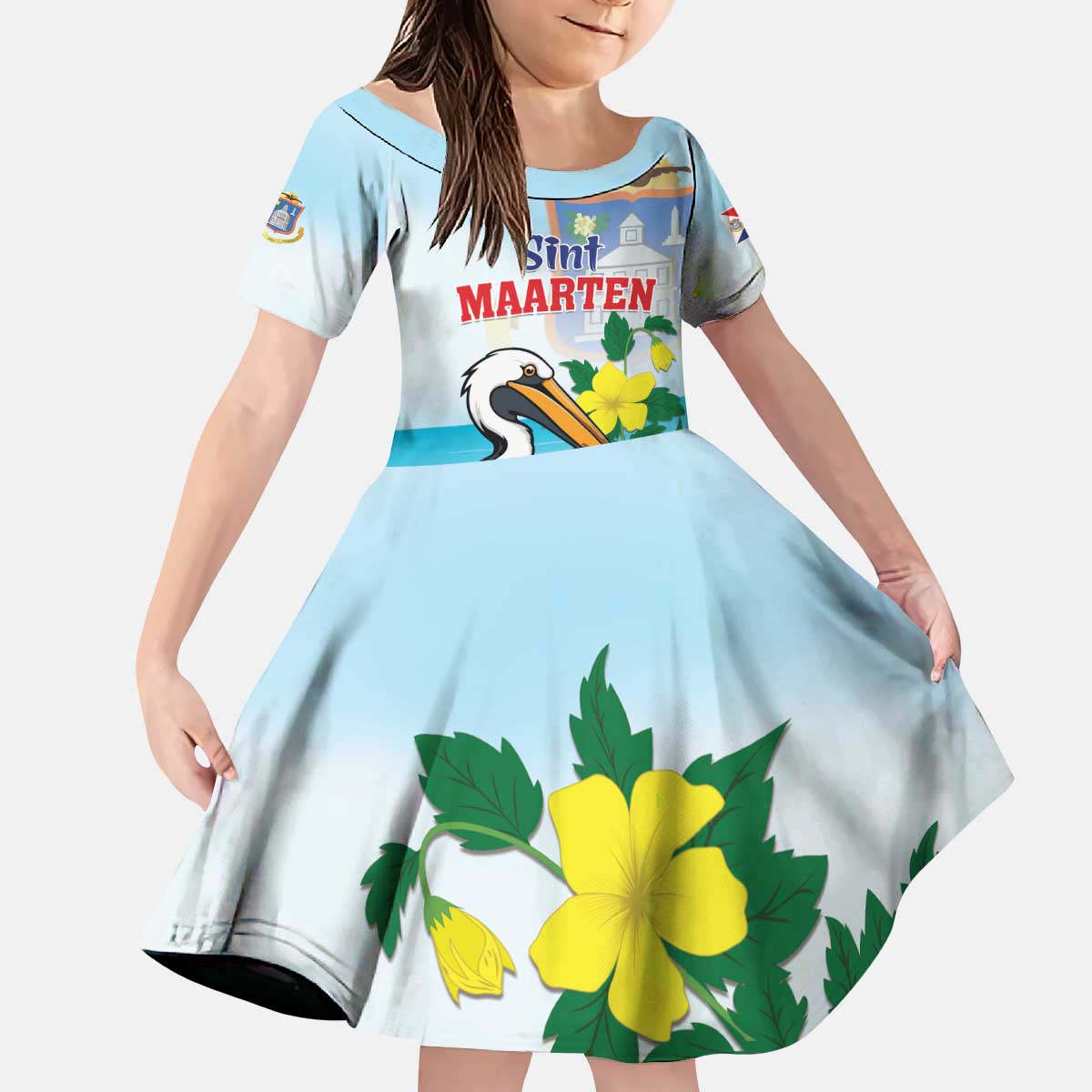 Personalized Sint Maarten Kid Short Sleeve Dress Brown Pelican With Yellow Sage - Wonder Print Shop