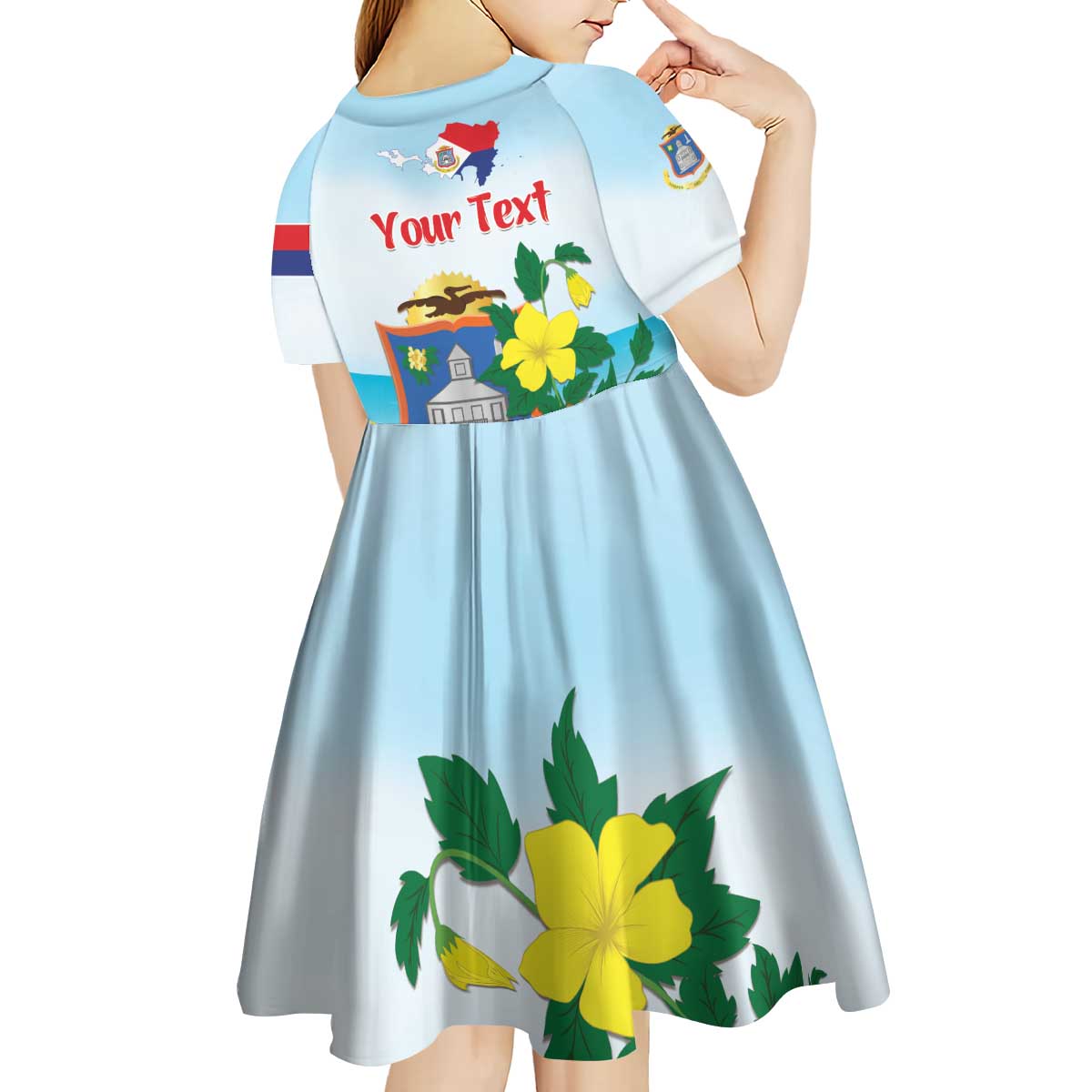 Personalized Sint Maarten Kid Short Sleeve Dress Brown Pelican With Yellow Sage - Wonder Print Shop