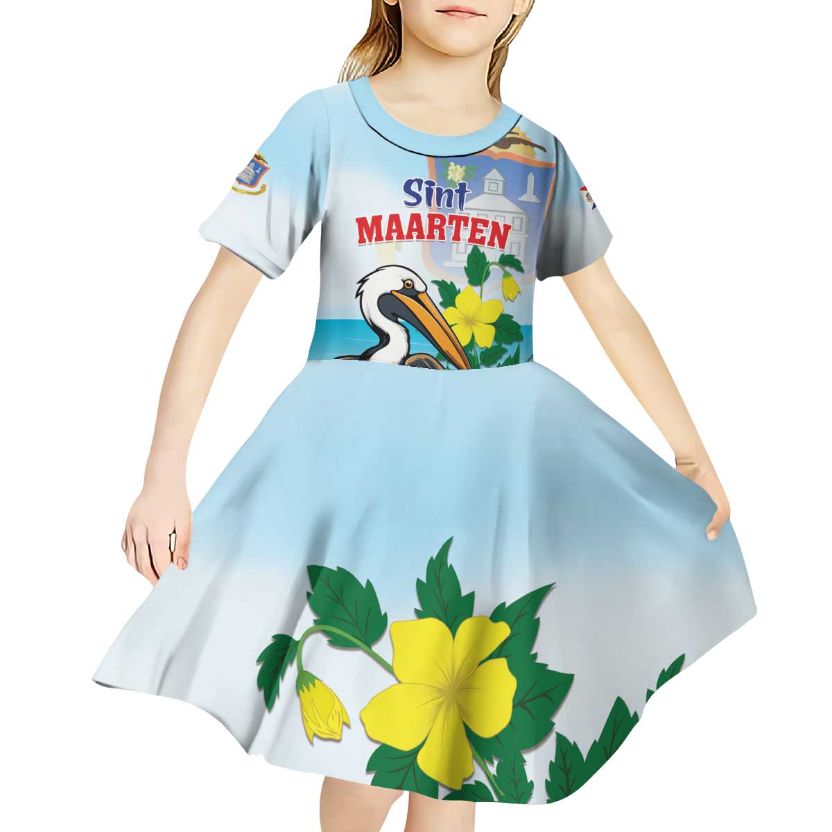 Personalized Sint Maarten Kid Short Sleeve Dress Brown Pelican With Yellow Sage - Wonder Print Shop