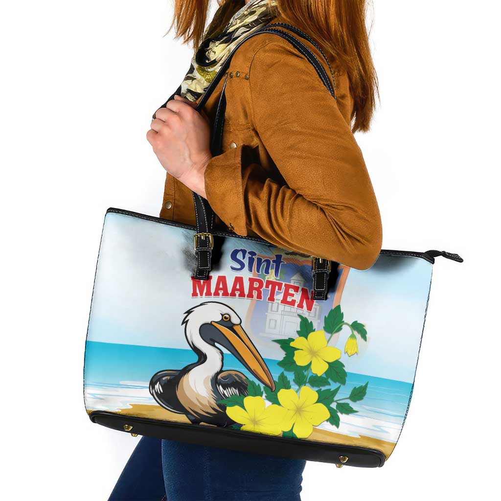 Sint Maarten Leather Tote Bag Brown Pelican With Yellow Sage