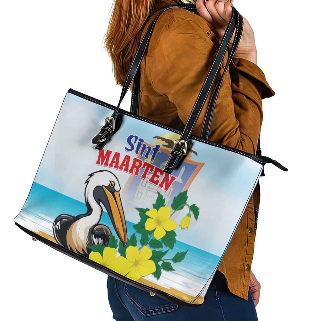 Sint Maarten Leather Tote Bag Brown Pelican With Yellow Sage