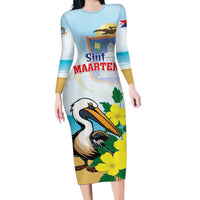Personalized Sint Maarten Long Sleeve Bodycon Dress Brown Pelican With Yellow Sage - Wonder Print Shop