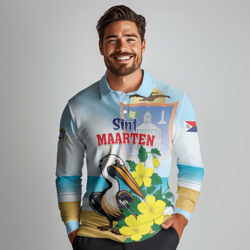 Personalized Sint Maarten Long Sleeve Polo Shirt Brown Pelican With Yellow Sage - Wonder Print Shop