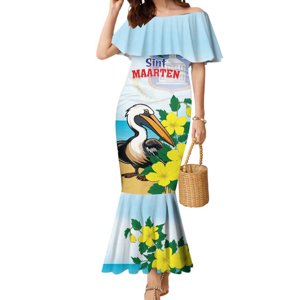 Personalized Sint Maarten Mermaid Dress Brown Pelican With Yellow Sage - Wonder Print Shop