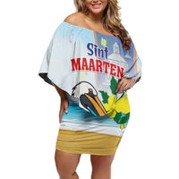 Personalized Sint Maarten Off Shoulder Short Dress Brown Pelican With Yellow Sage - Wonder Print Shop