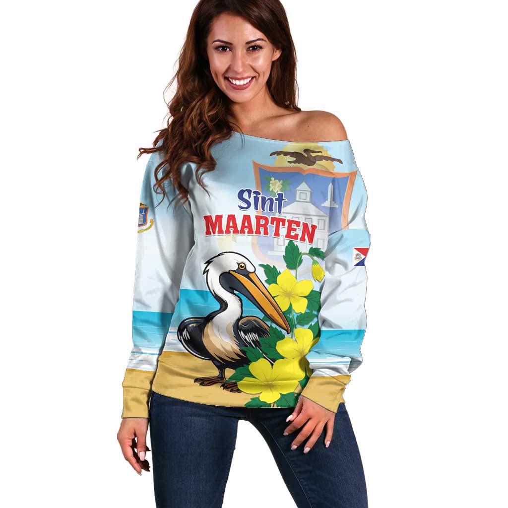 Personalized Sint Maarten Off Shoulder Sweater Brown Pelican With Yellow Sage - Wonder Print Shop