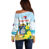 Personalized Sint Maarten Off Shoulder Sweater Brown Pelican With Yellow Sage - Wonder Print Shop