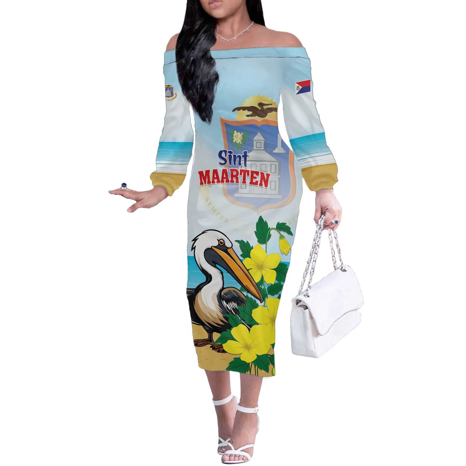 Personalized Sint Maarten Off The Shoulder Long Sleeve Dress Brown Pelican With Yellow Sage - Wonder Print Shop