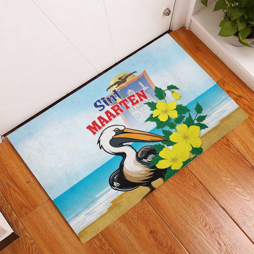 Sint Maarten Rubber Doormat Brown Pelican With Yellow Sage - Wonder Print Shop
