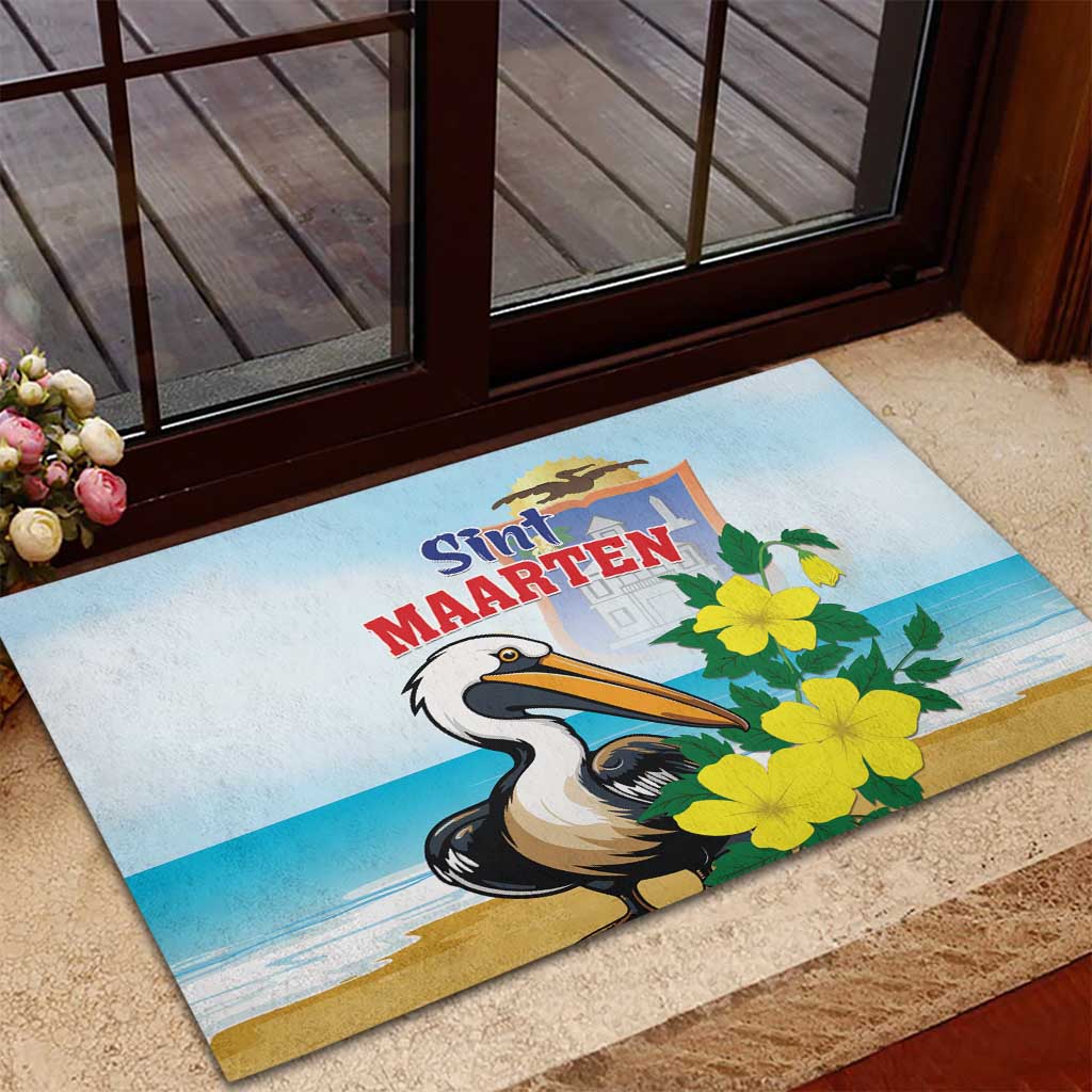 Sint Maarten Rubber Doormat Brown Pelican With Yellow Sage - Wonder Print Shop