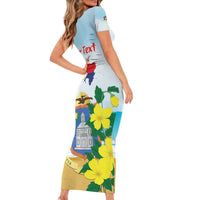 Personalized Sint Maarten Short Sleeve Bodycon Dress Brown Pelican With Yellow Sage - Wonder Print Shop