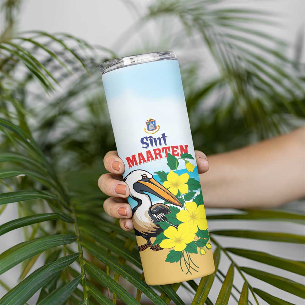 Personalized Sint Maarten Skinny Tumbler Brown Pelican With Yellow Sage - Wonder Print Shop
