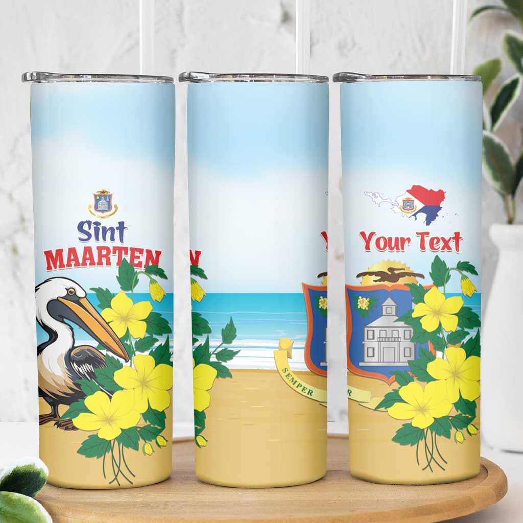 Personalized Sint Maarten Skinny Tumbler Brown Pelican With Yellow Sage - Wonder Print Shop