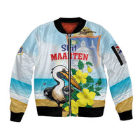 Personalized Sint Maarten Sleeve Zip Bomber Jacket Brown Pelican With Yellow Sage - Wonder Print Shop