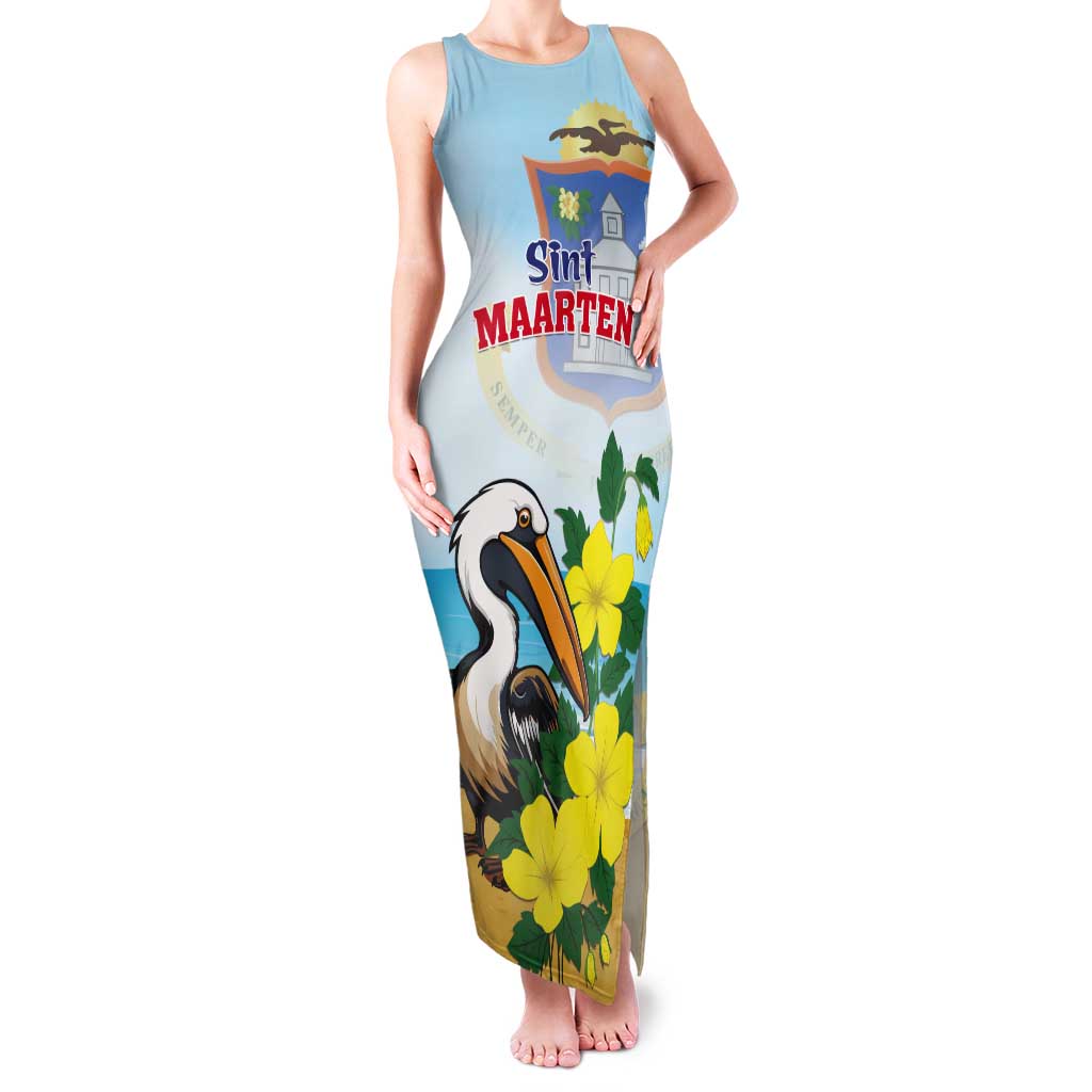 Personalized Sint Maarten Tank Maxi Dress Brown Pelican With Yellow Sage - Wonder Print Shop